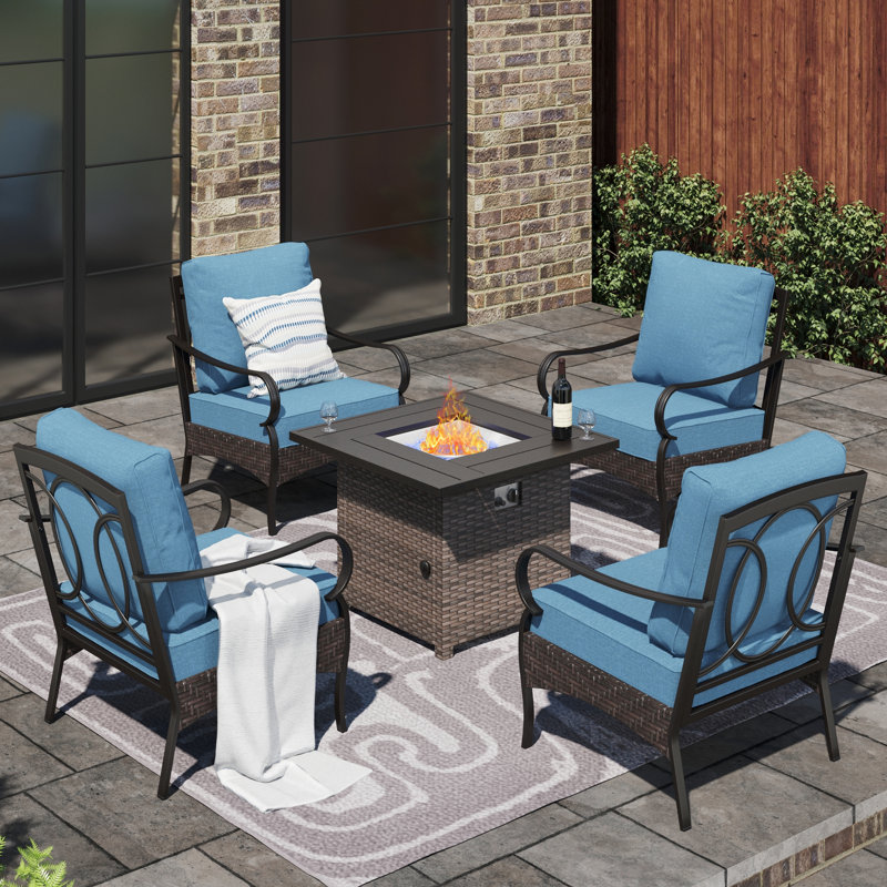 4-person Outdoor Conversation Set With Fire Pit Table, Denim Blue