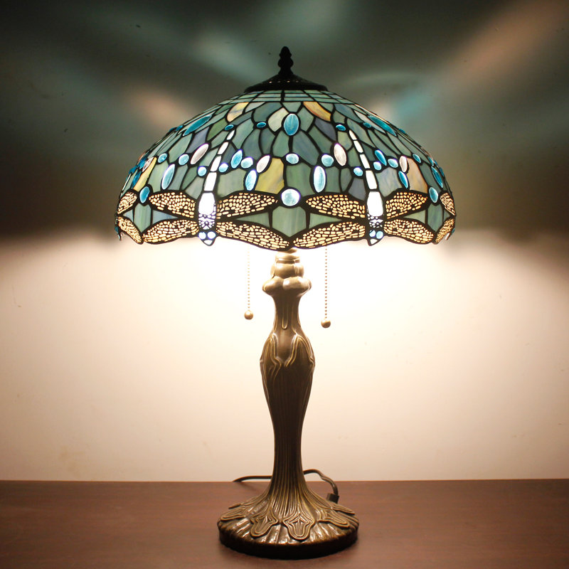 Sea Blue Stained Glass Dragonfly Table Lamp with Antique Bronze Base