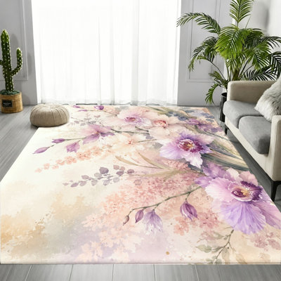 Tapis floral aquarelle mauve rose, motif de grandes fleurs, tapis antidérapant doux lavable à la machine, décoration intérieure artistique pour le salon, la chambre à coucher, le bureau, le couloir, le bureau