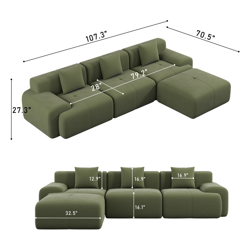 Canapé-lit modulaire convertible en velours côtelé 107 po avec repose-pieds 107 po Modern, 107" W, Vert