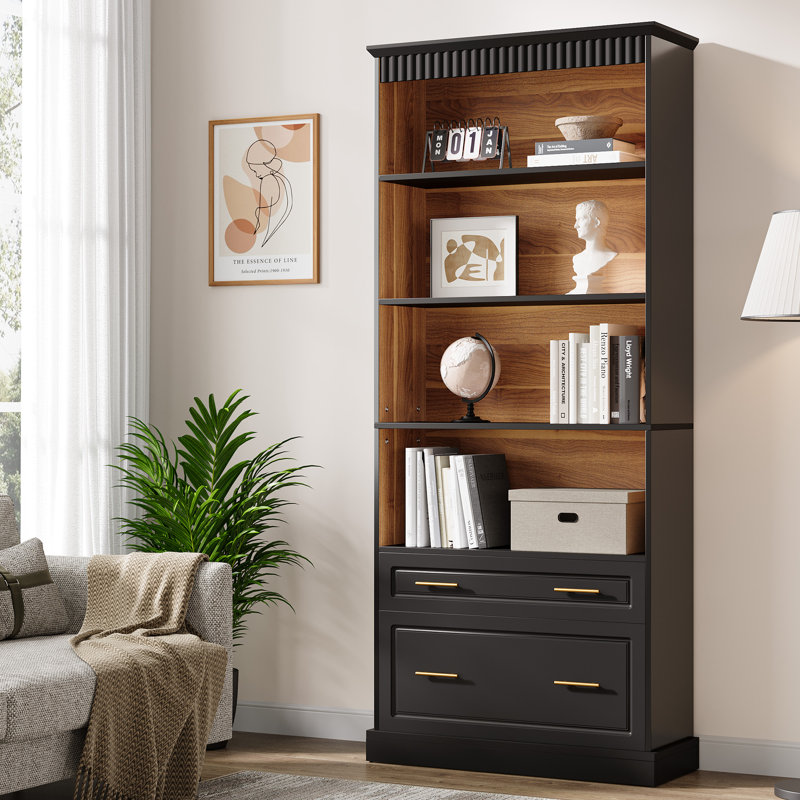 White & Walnut Bookcase with File Cabinet Drawers