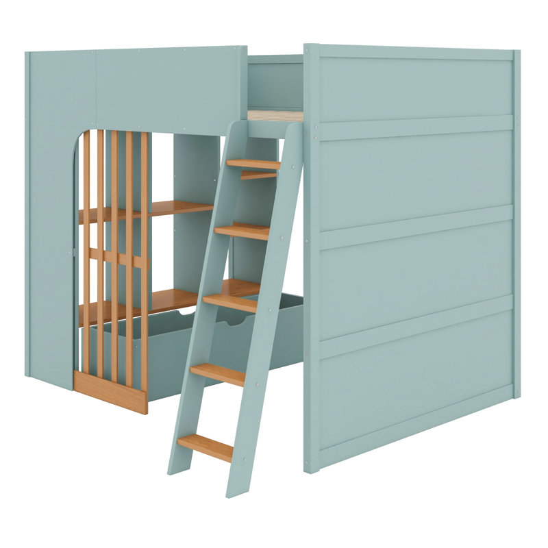 Lit mezzanine en bois avec échelle robuste et tablettes de rangement multicouches, Lit double, Mint Green + Natural Oak