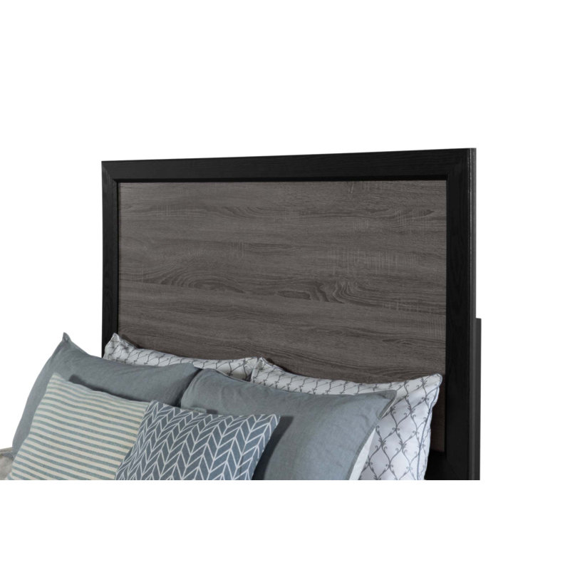 SOLUTO ET LIT: grand lit gris foncé / noir avec incrustation de bois rustique et support de lattes robuste, parfait pour les chambres modernes