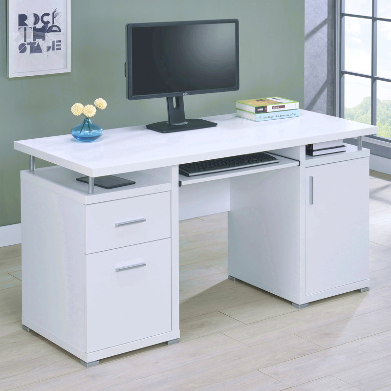 Bureau d'ordinateur 55 pouces avec 2 tiroirs en blanc, Blanc