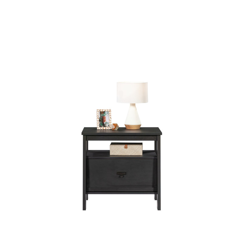 Table de chevet, finition noire, tablette ouverte, tiroir, glissières de tiroir en métal, chevet, espace de rangement limité, verrou en T à installation simple