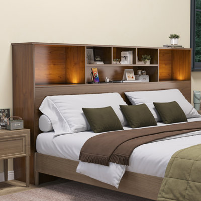 Modern Wood Bookcase Headboard with LED Lighting & Charging Station — Space-Saving Design for Queen & King Beds