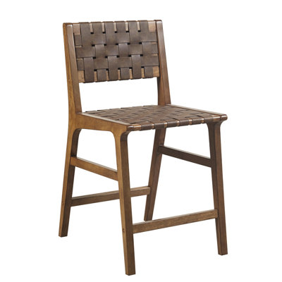 Tabouret de comptoir en similicuir tissé H 24 po - construction en bois massif, finition pacane, attrait décontracté Mid-Century, chaise assortie, pieds, design, limite de poids de 300 lb