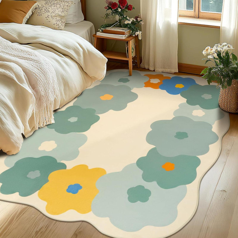 Rregular  Floral Area Rug, Washable, Non Slip Rubber Backing, Soft Indoor Floor Carpet For Living Room, Bedroom, Kids Room, Dining Room, Entryway