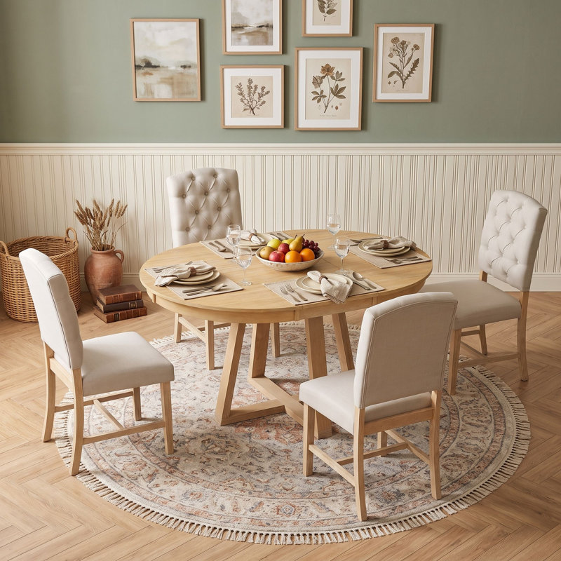Ensemble de salle à manger extensible 5 pièces avec chaises rembourrées et rallonge, Naturel