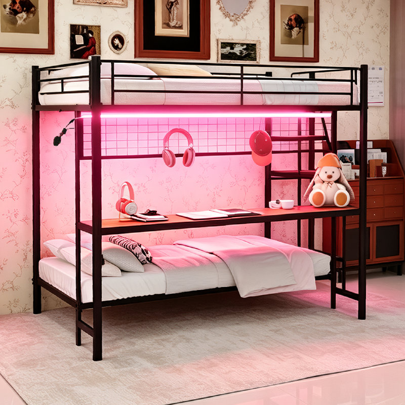 Lit double mezzanine double en métal noir antique avec lumières DEL et bureau, 2 pièces
