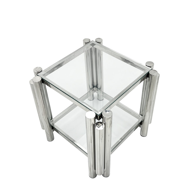 Table d'appoint de salon carrée de 20 pouces, acier inoxydable moderne avec verre trempé transparent à double couche, rangement, table de bureau argentée de conception industrielle