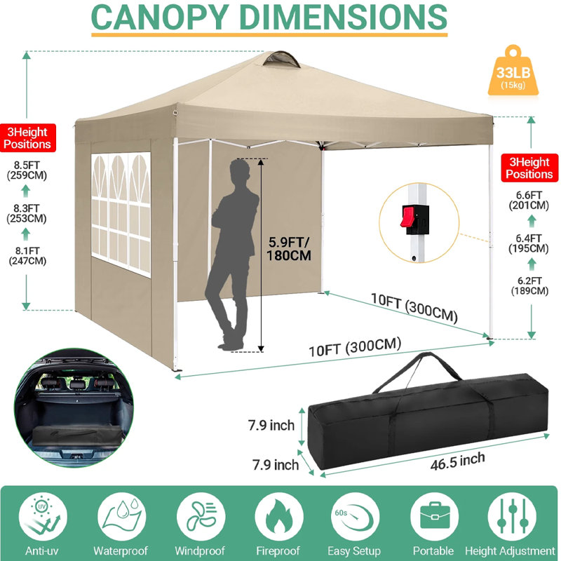 COBIZI 118" W x 118" D Pop Up Canopy Tent with 4 Sidewalls, UPF 50+Waterproof Outdoor Canopy with Air Vent, Khaki