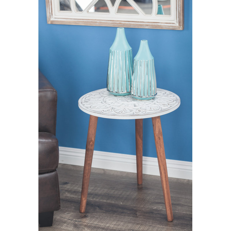 Aiden Wood Handmade Intricately Carved Floral Side End White Accent Table with 3 Slender Legs