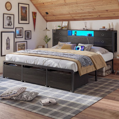 Structure de lit moderne avec tête de lit DEL, charge USB et tiroirs sous le lit - format double / grand / très grand
