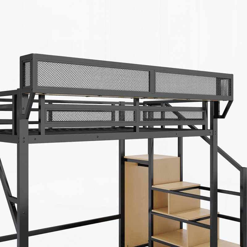 Lit mezzanine avec tablettes de rangement et garde-robe