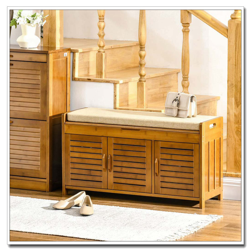 Banc à chaussures avec armoires de rangement, banc d'entrée en bambou avec coussin de siège, 3 portes et compartiment caché pour le couloir, brun