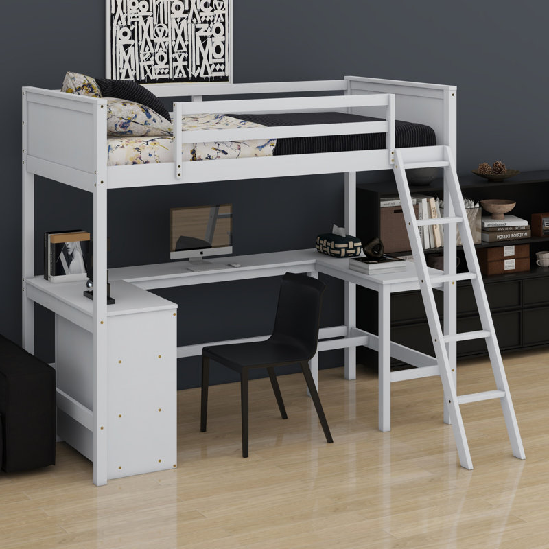 Lit mezzanine avec tablettes et bureau, Blanc