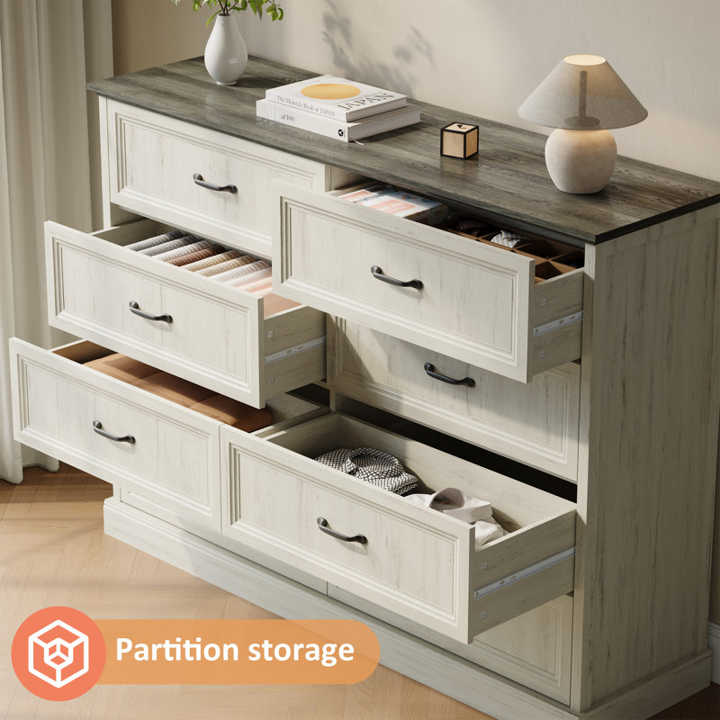 3 Pieces Bedroom Set,8 Drawer Dresser and 2 Nightstands, Living Room Storage Organizer, White/Gray