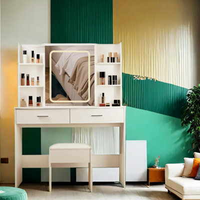3 modes d'éclairage avec luminosité réglable, ensemble de coiffeuse avec prise de courant et tabouret rembourré avec miroir et lumière, 2 tiroirs et 6 tablettes de rangement pour la commode à maquillage
