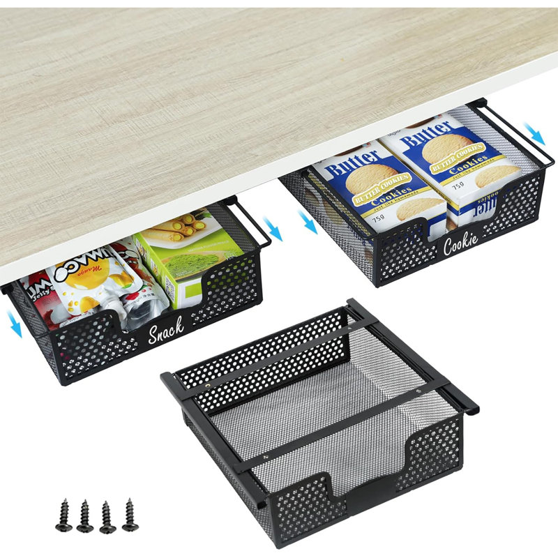 Ensemble de 3 paniers de tiroir coulissants suspendus, organisateur de rangement coulissant sous tablette avec plaques signalétiques, paniers de rangement sous étagère sous le tiroir de bureau pour armoire de cuisine, se fixe à la tablette