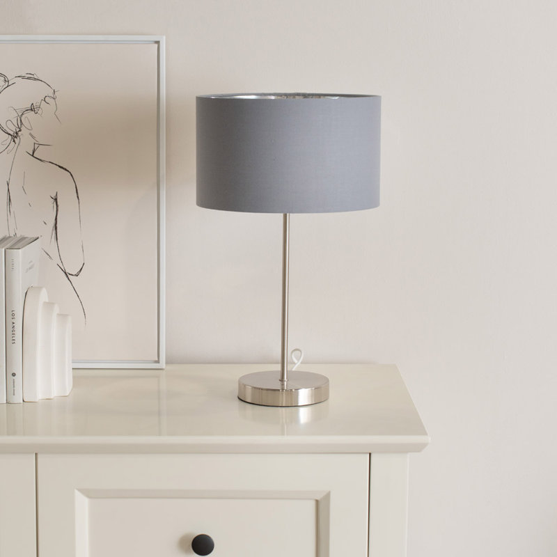 Dadiva Brushed Chrome Stem Table Lamp with Velvet Reni Shade, Silver Base/Grey Shade, No, 43cm H x 25 cm W x 25cm D