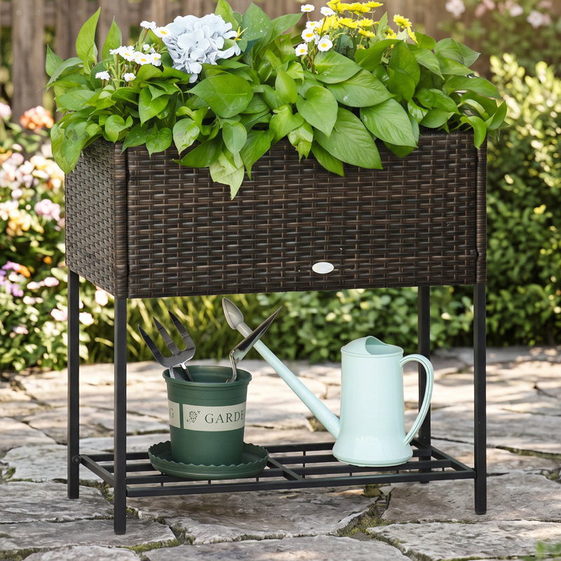 Lit de jardin surélevé, jardinière surélevée avec aspect osier en rotin pour les herbes, les légumes et les fleurs, Brun