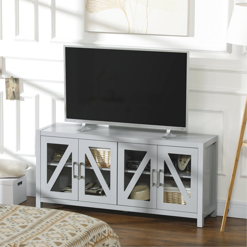 Meuble télé pour le salon, gris avec 4 trous de câble, tablettes réglables et portes en verre de style esthétique moderne