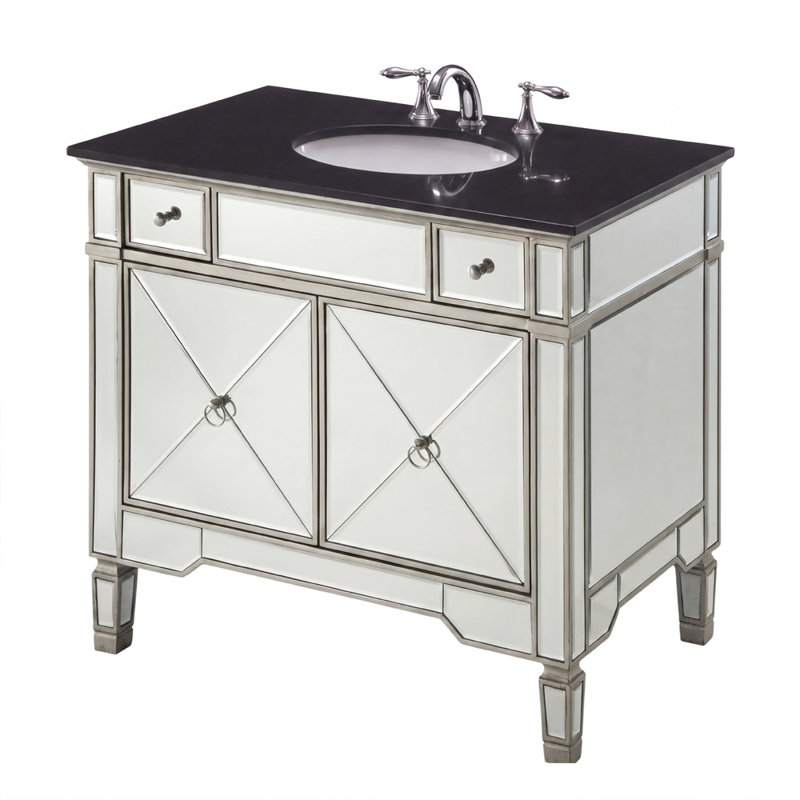 Meuble-lavabo de salle de bain Benton Collection Ashlyn traditionnel sur pied de 91 cm (36 pouces), avec miroir, lavabo simple, comptoir en granit Black Galaxy, entièrement assemblé.