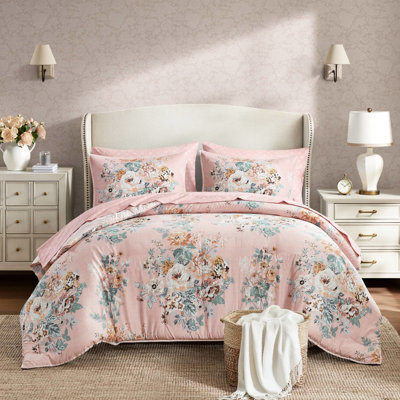 Édredon 7 très grand lit à motif floral rose rétro, rembourrage respirant de 200 g / m², toucher doux, ensemble de lit complet, style sans effort avec accents floraux, confortable toutes saisons, microfibre, décoration assortie