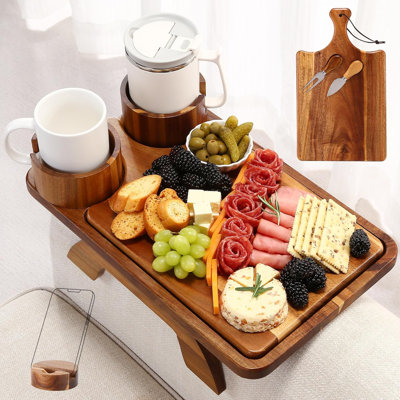 Table avec accoudoirs en bois d'acacia avec support à 2 tasses pivotant sur 360 ° et support pour téléphone
