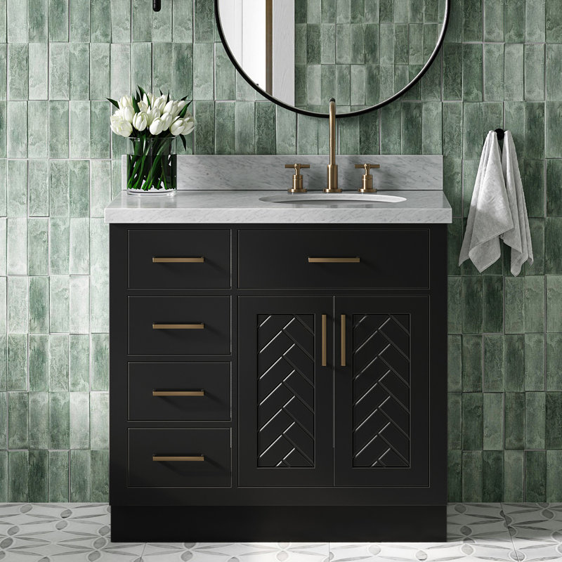 Ensemble de meuble-lavabo simple ovale 37 po à chevrons avec comptoir en marbre blanc de Carrare et noir 1,5 po Chevron, Noir