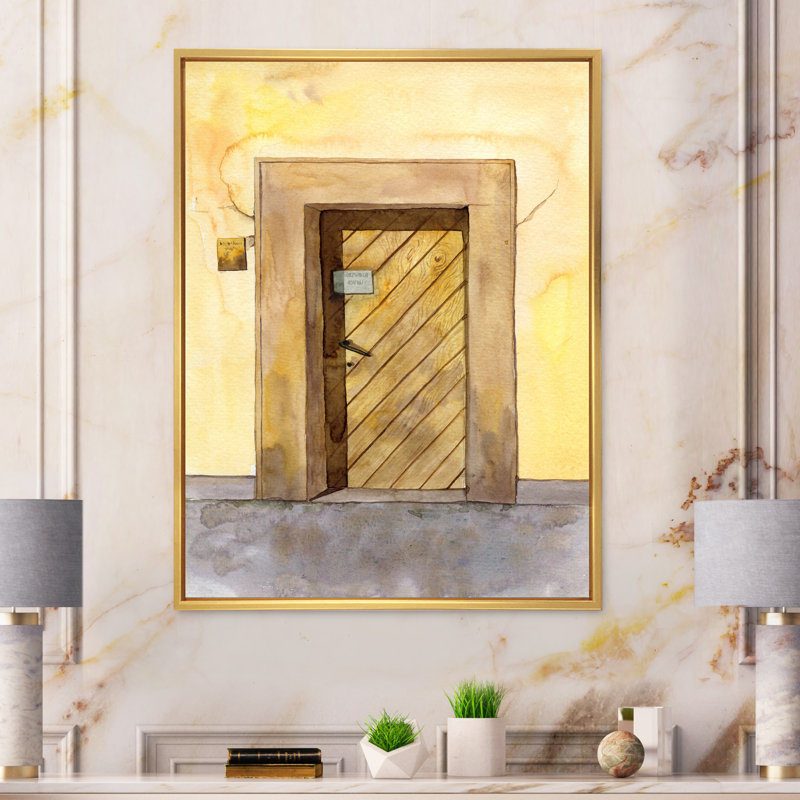 Porte en bois dans un mur de pierre - reproduction d'art sur toile rétro, H 40 po x l 30 po, Cadre flottant doré