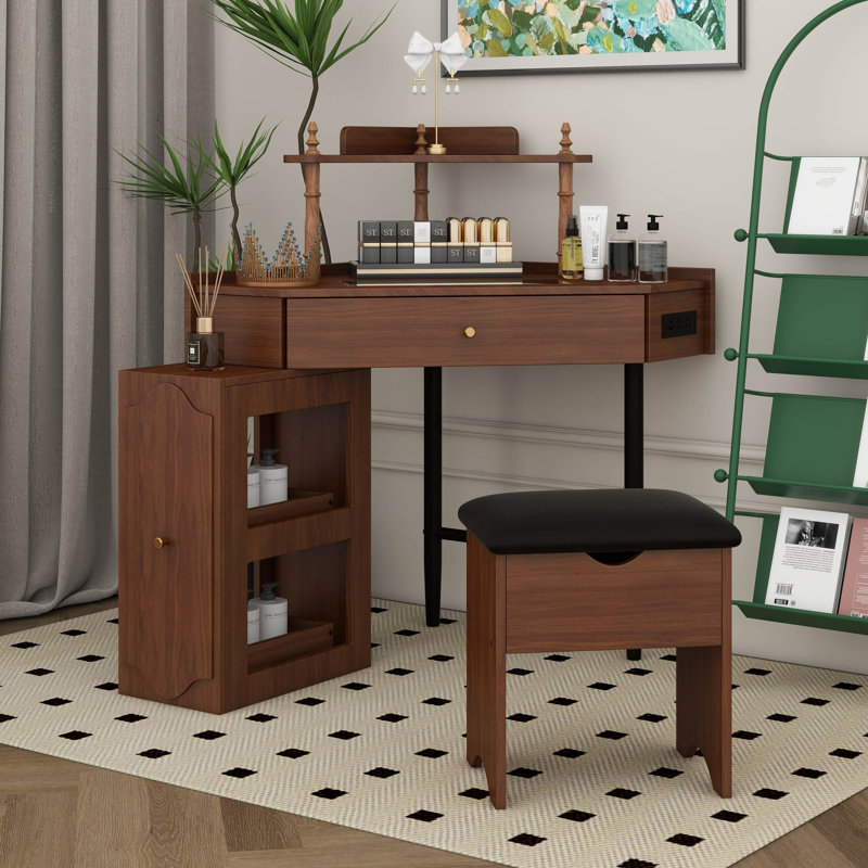 Corner Makeup Vanity Desk With Stool And Charging Station, L-Shaped Glass Top Dressing Table With Removable Cabinet, Drawer And Storage Shelf