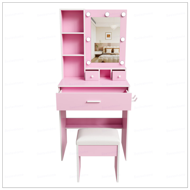 Table de coiffeuse avec miroir et lumières DEL réglables, prise de courant, support pour séchoir à cheveux et tabouret - coiffeuse compacte pour petites chambres