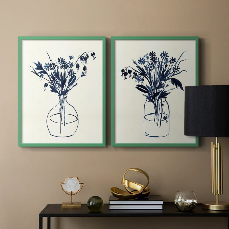 Vase floral indigo I - impression encadrée de qualité supérieure - prêt à être accroché - aucun clou requis - aucun clou requis