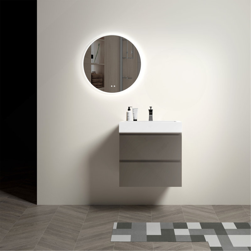 Meuble-lavabo 24 po gris avec lavabo, grand meuble-lavabo mural flottant pour salle de bain moderne, lavabo blanc une pièce sans drain ni robinet