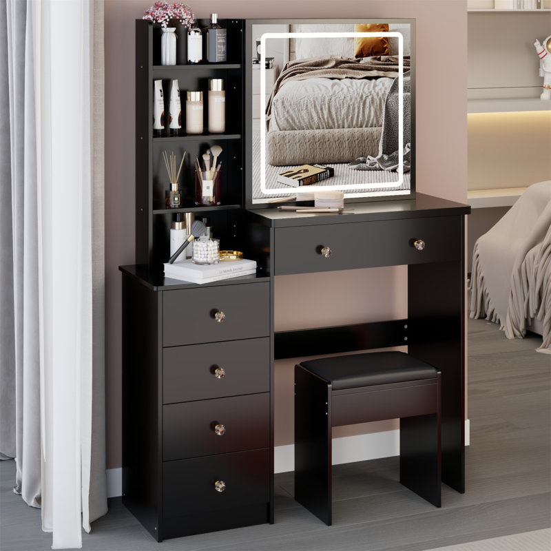 Meuble-lavabo de 37 po avec tabouret de taille moyenne 37 po + tabouret rembourré, grande commande tactile, interrupteur tricolore, miroir à luminosité réglable, rangement grande capacité, convient aux espaces moyens