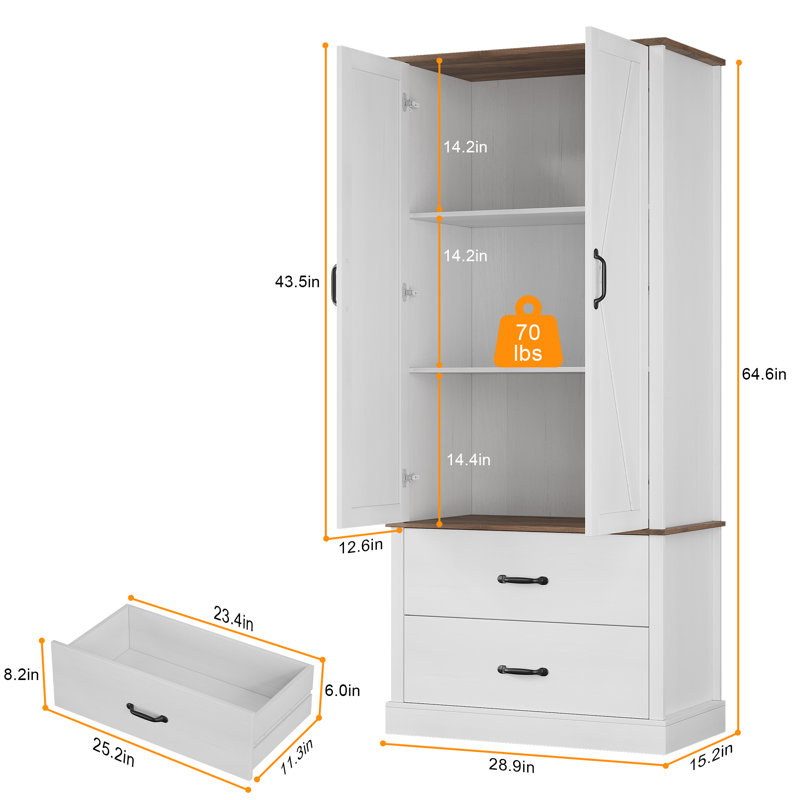 Garde-manger autoportant Farmhouse avec portes de grange - Tablettes et tiroirs réglables - Armoire de rangement polyvalente pour la cuisine, le vestibule ou la salle à manger - Blanc délavé