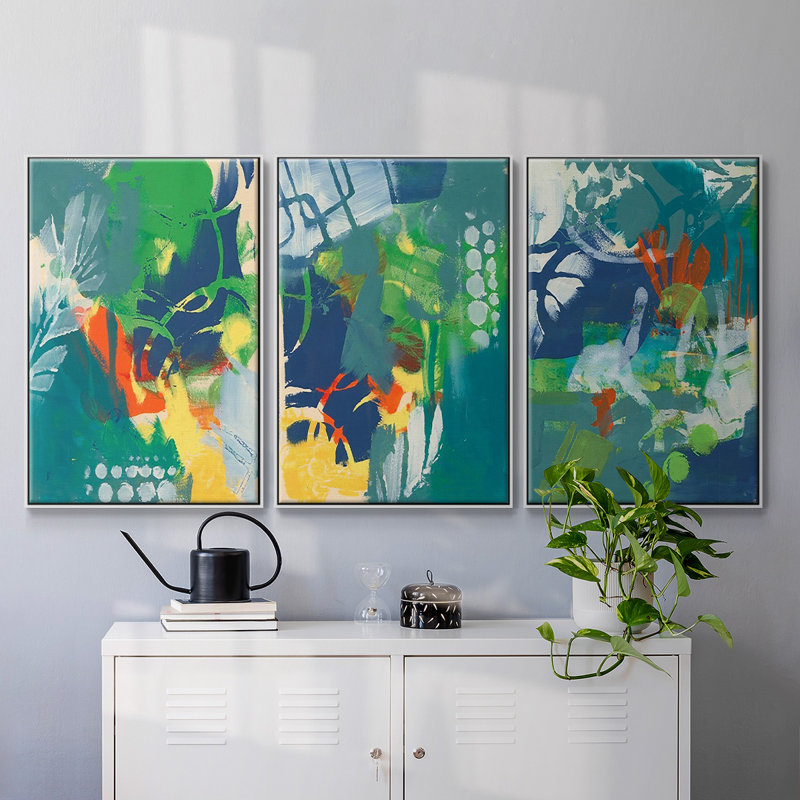 Impression tropicale encadrée sur toile 3 pièces, H 36 po x l 72 po x P 2 po, Blanc