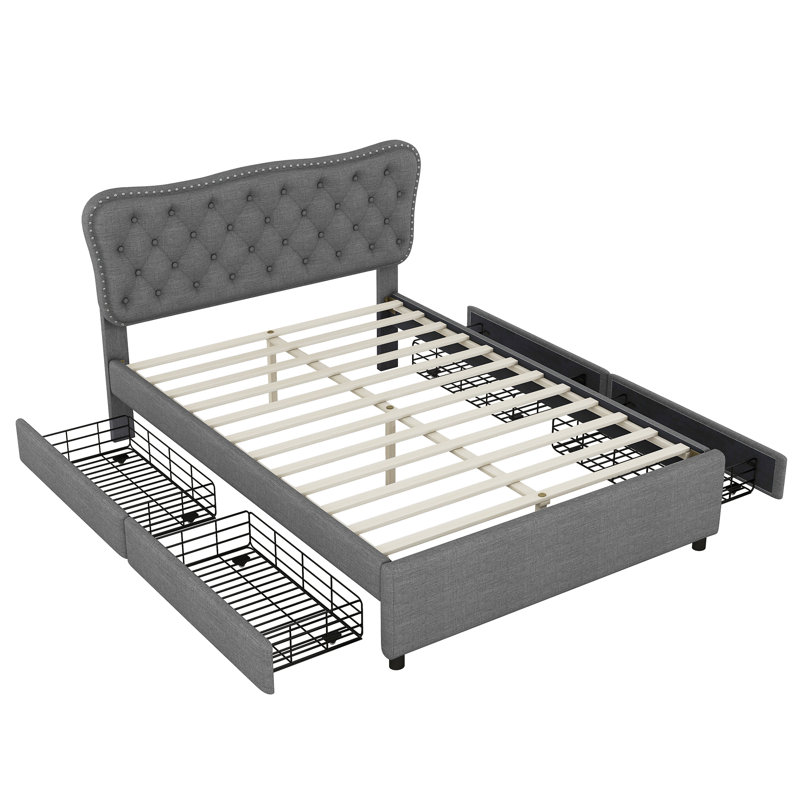 Upholstered Bed 140*200 Cm With 4 Drawers, Grey