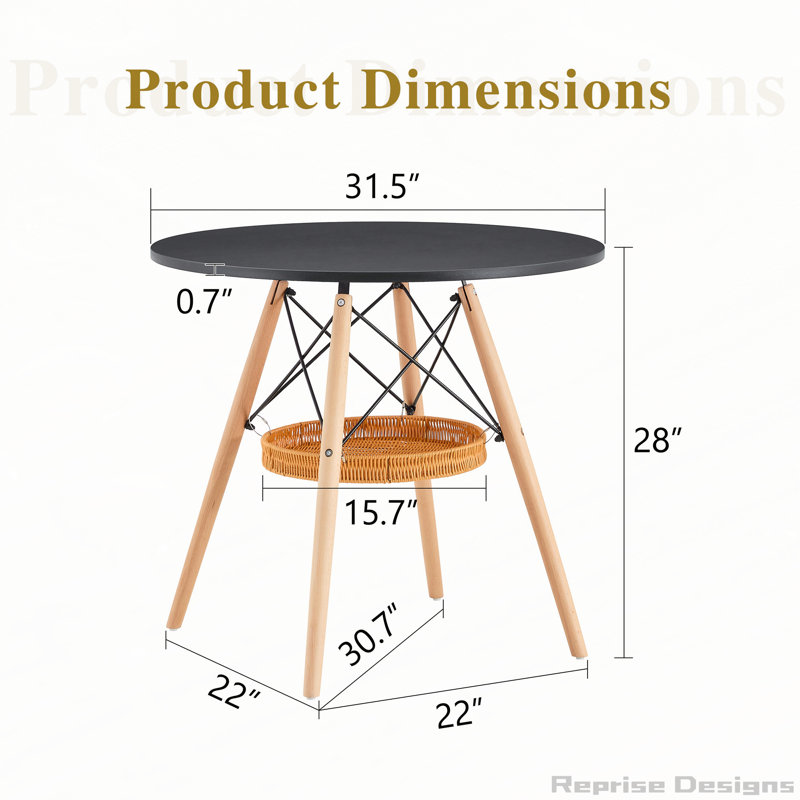 Table de salle à manger circulaire de 31,5 pouces de diamètre, plateau en panneau de fibres à densité moyenne noir, pieds en bois massif, avec structure de panier de rangement suspendue. Une table basse décontractée pouvant accueillir de 2 à 4 personnes.