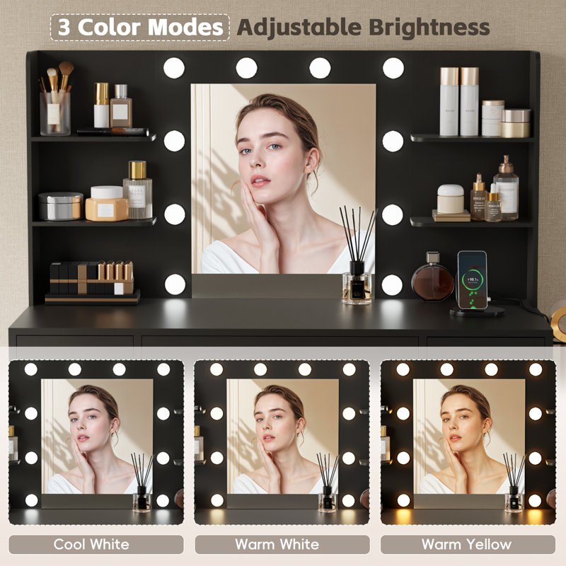 Ragin Makeup Vanity With Usb Power Outlet And 3 Modes Adjustable Brightness Light, Black