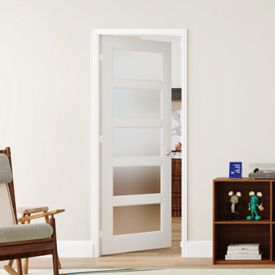 Porte intérieure française pré-suspendue en bois blanc à 5 panneaux en verre givré de style moderne, cadre réglable, bois massif et manufacturé avec cadre de porte et poignée