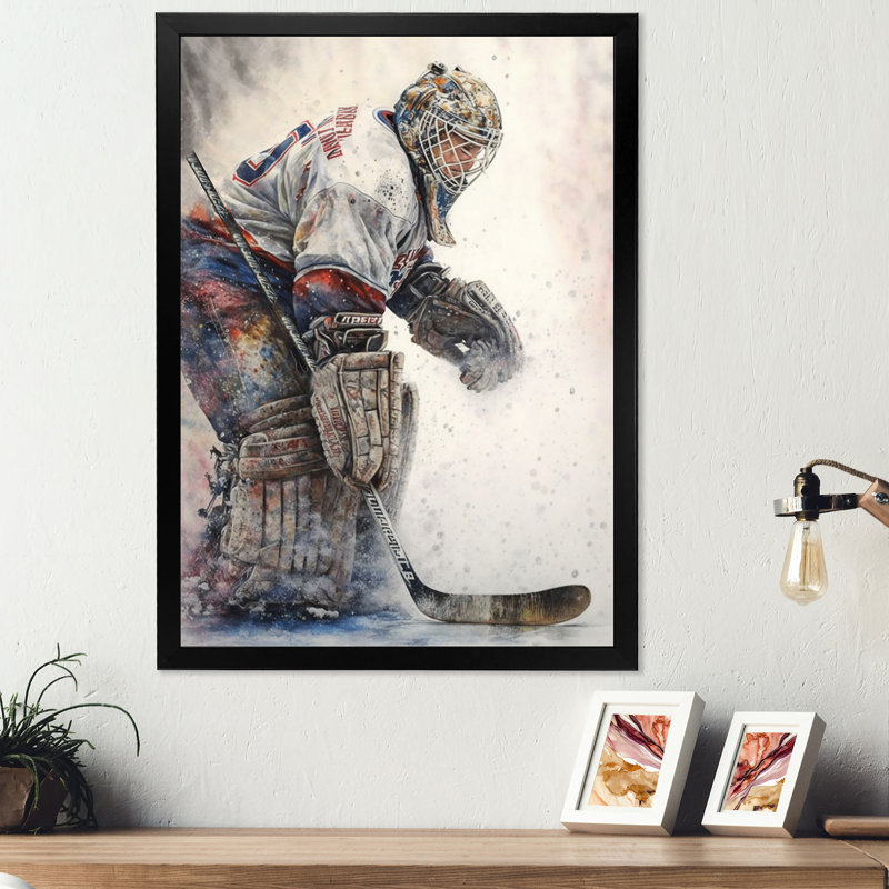 Gardien de but pendant le jeu de hockey II - Impression sur toile, Impression noire sur toile encadrée