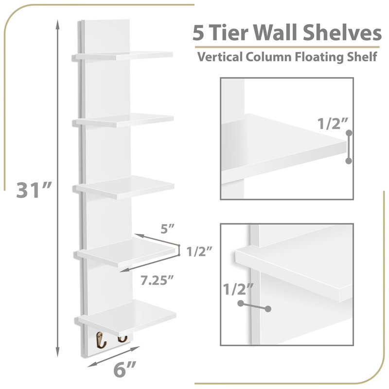 Sorbus 5 Tier Wall Shelf Unit with Hooks, Vertical Column Utility Shelving for Home Decor and Storage Organizer, White, White
