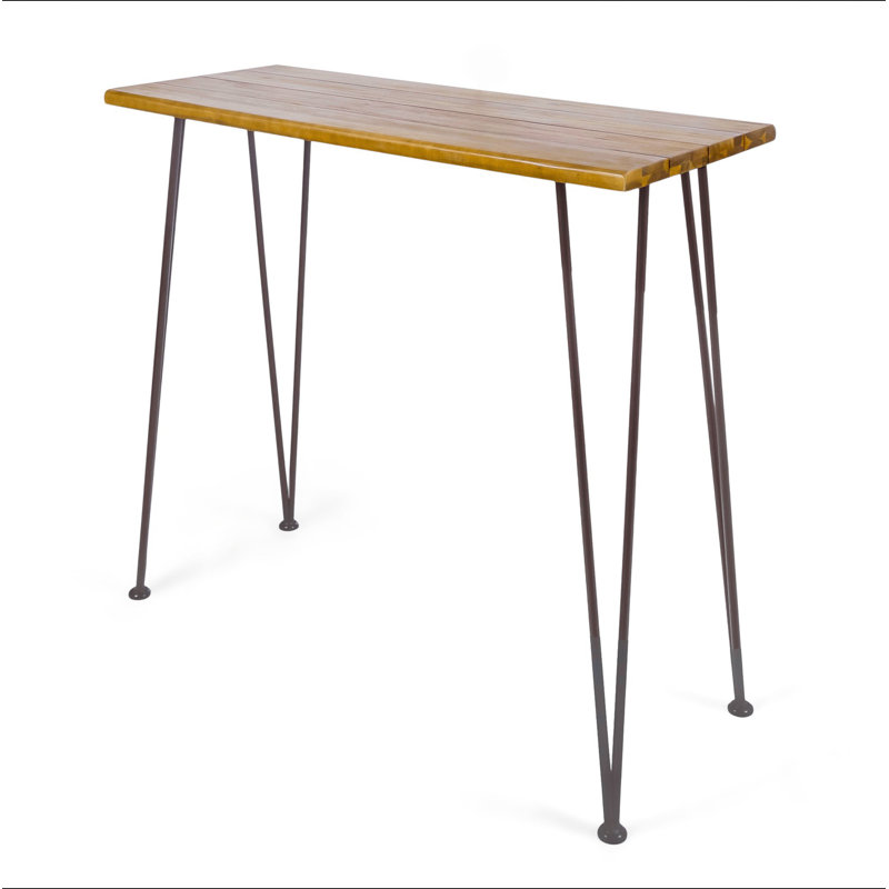 Industrial Wood & Metal Bar Table – Acacia Wood Top, Iron Hairpin Legs, Teak Finish, Outdoor Use