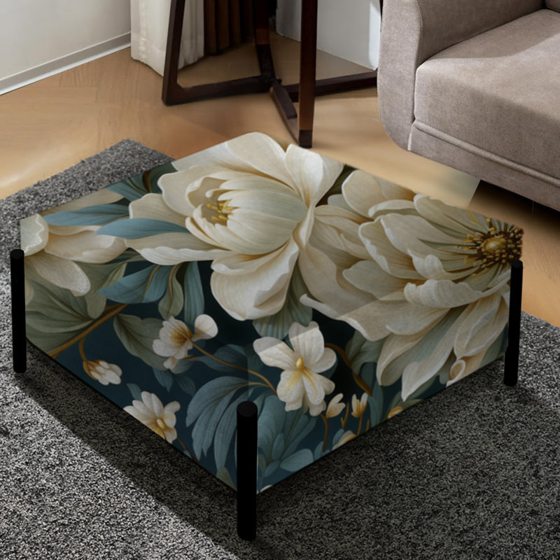 Grand repose-pieds carré beige et vert en damas naturel Serenity