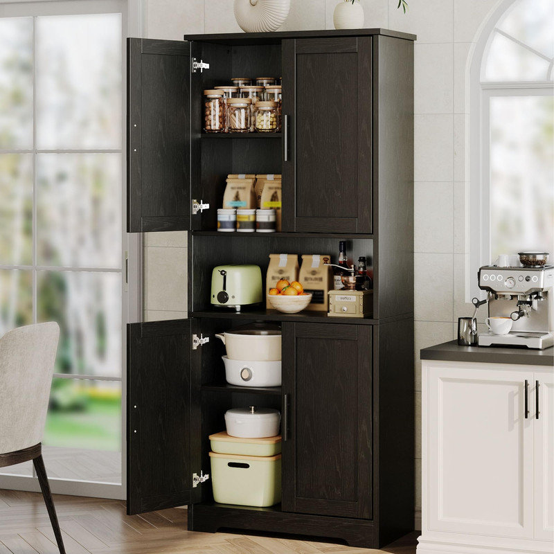 Armoire de cuisine noire avec portes et tablettes réglables, unité de rangement autoportante de 70 pouces de hauteur pour le salon, la salle à manger ou la salle de bain