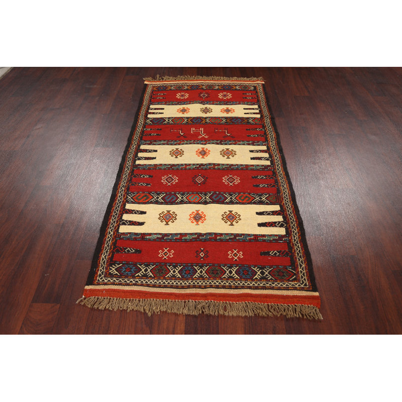 Tapis rouge / beige en laine fait à la main Kilim