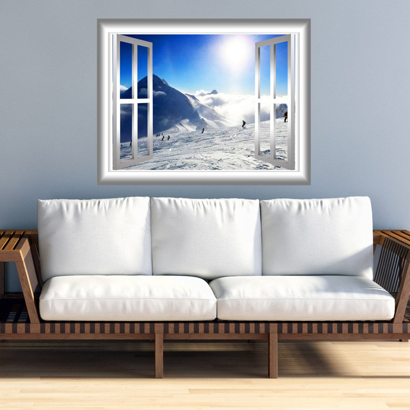 Décalcomanie murale fenêtre en 3d snow mountain, H 28 po x l 36 po x P 0,01 po